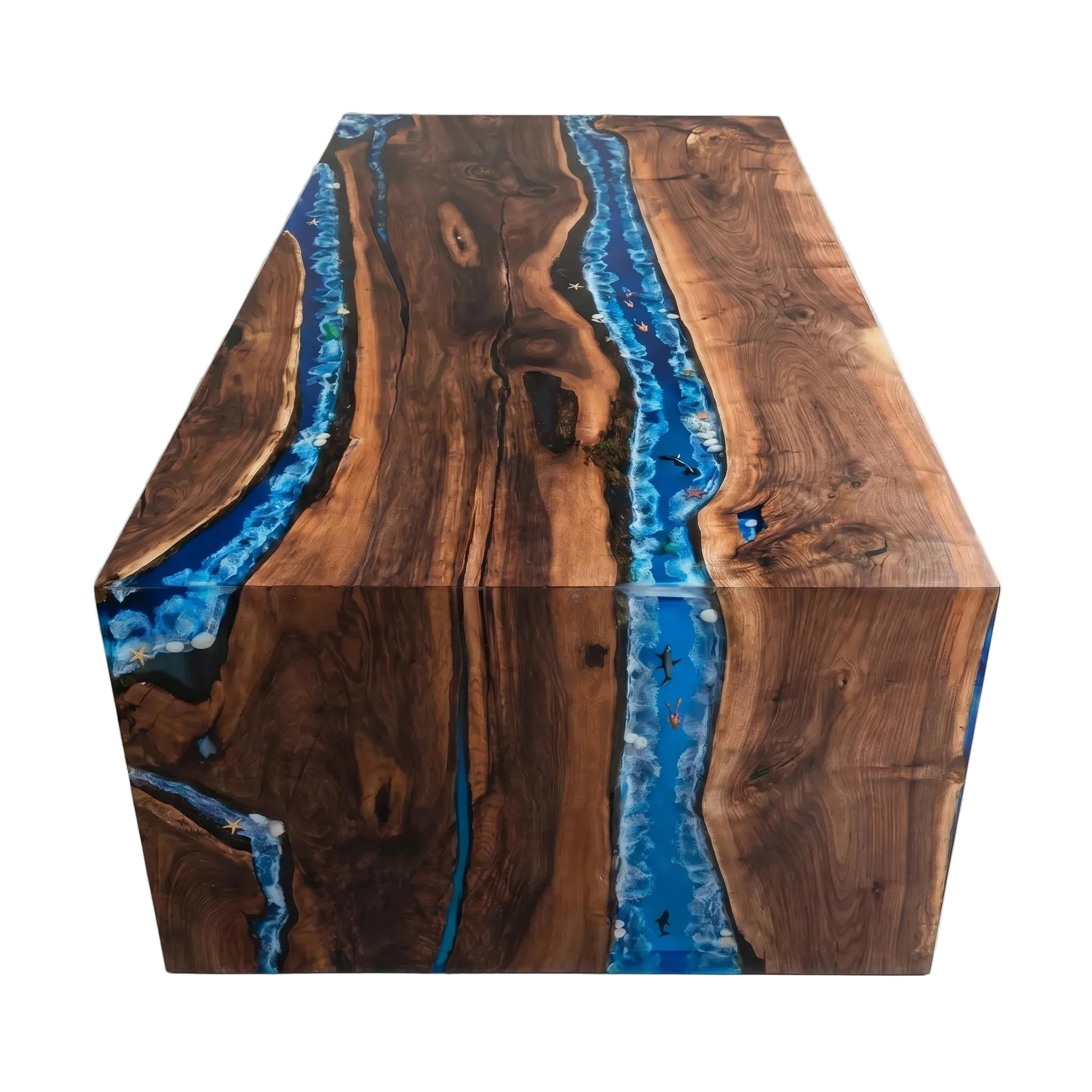 Wooden table with blue resin inlay on a white background