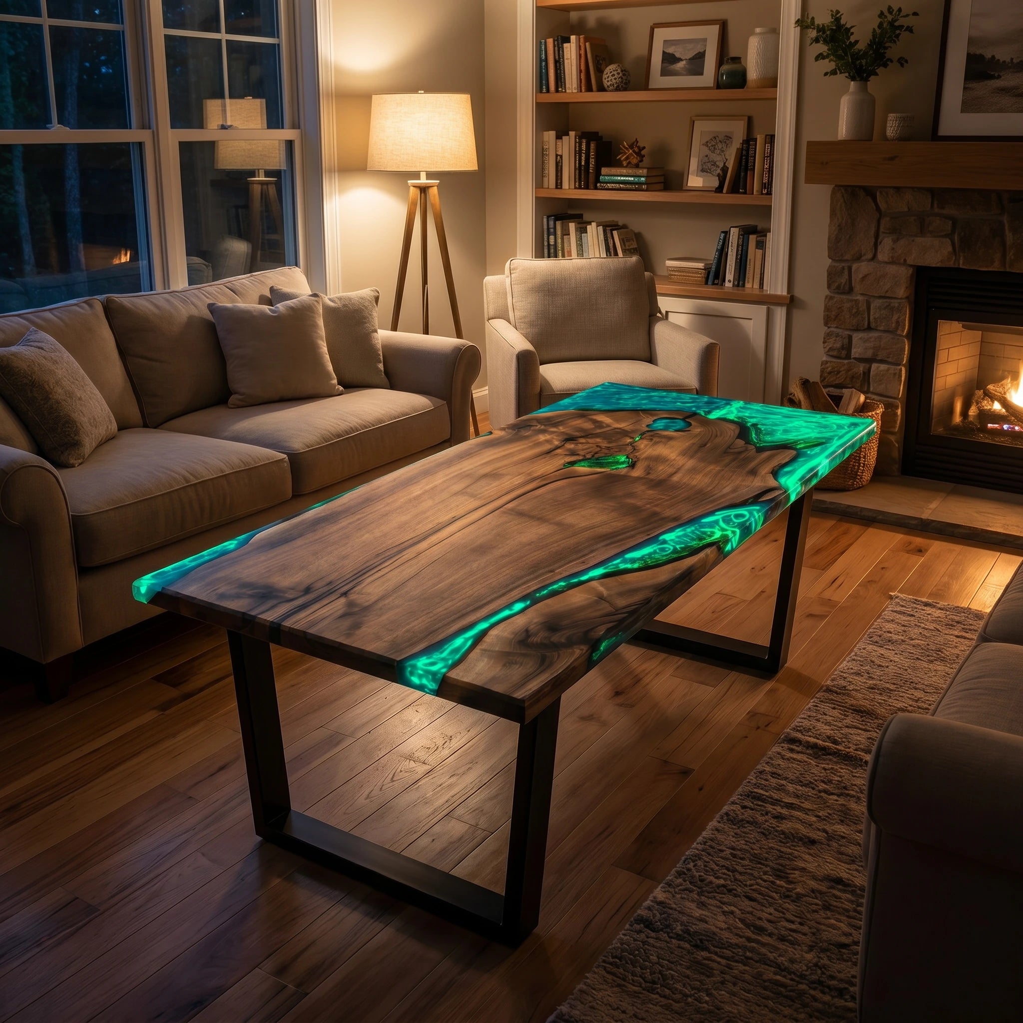 Wooden coffee table with glowing green base in a cozy living room.