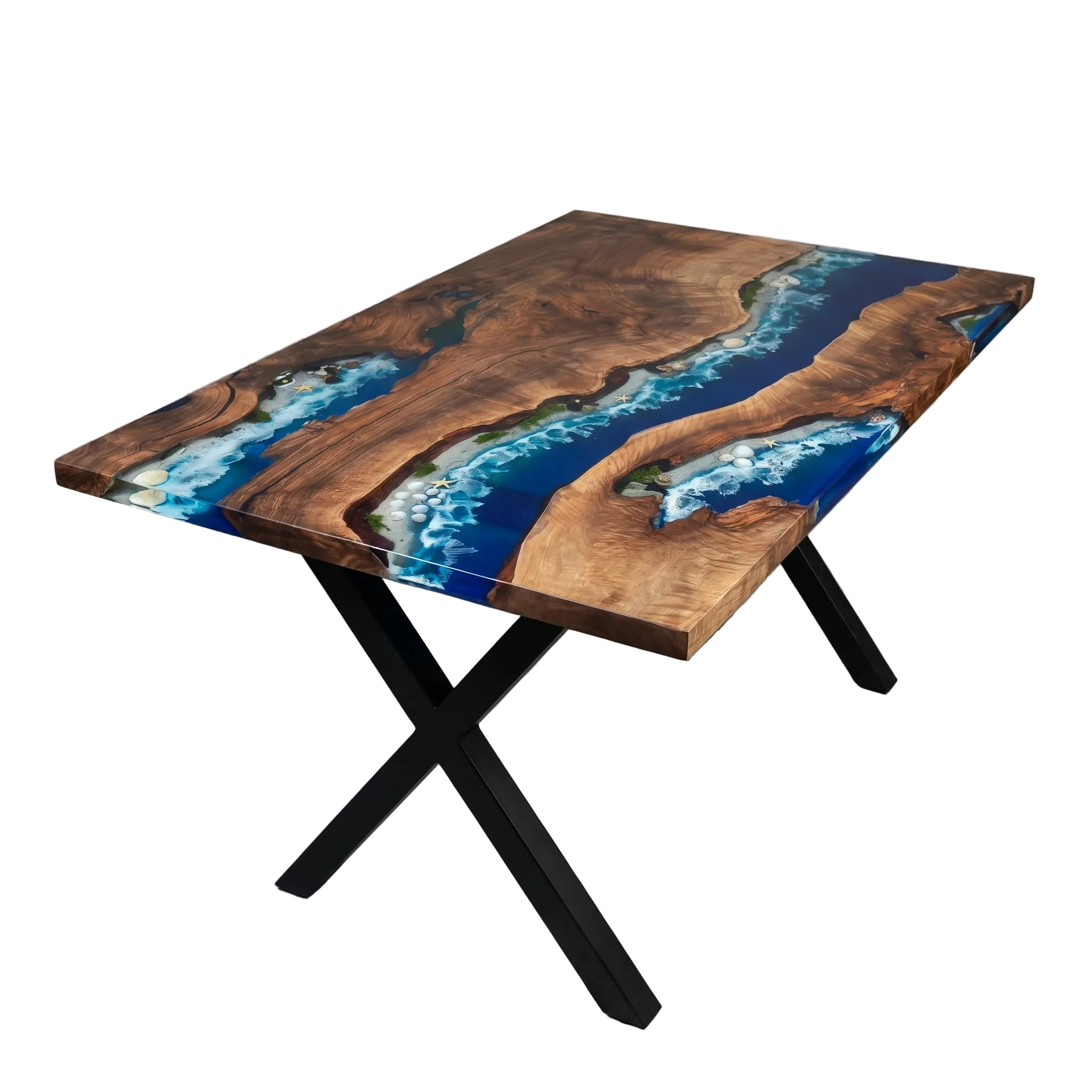 Wooden table with blue resin inlay on a white background