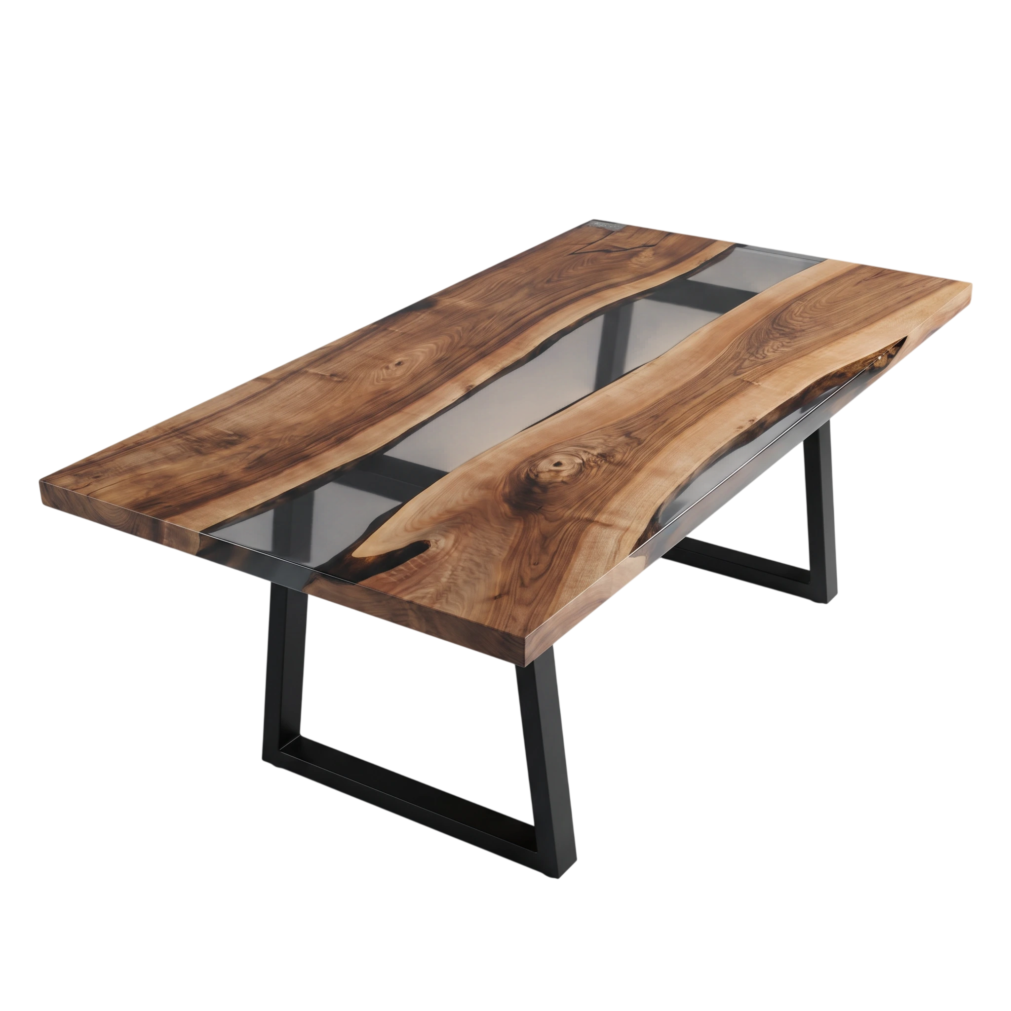Wooden coffee table with black metal legs on a white background