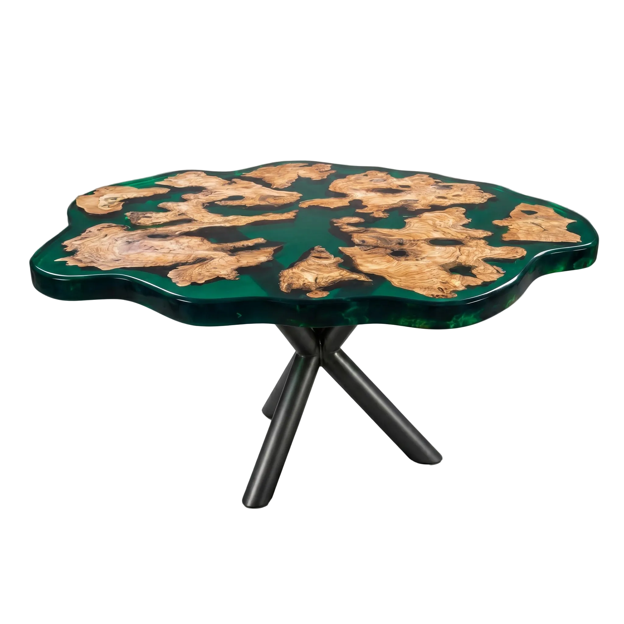 Green table with a unique design on a white background