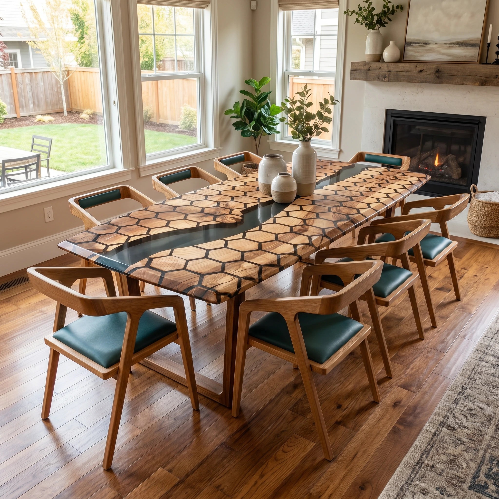 Dining room with a long wooden table and chairs on a wooden floor.
