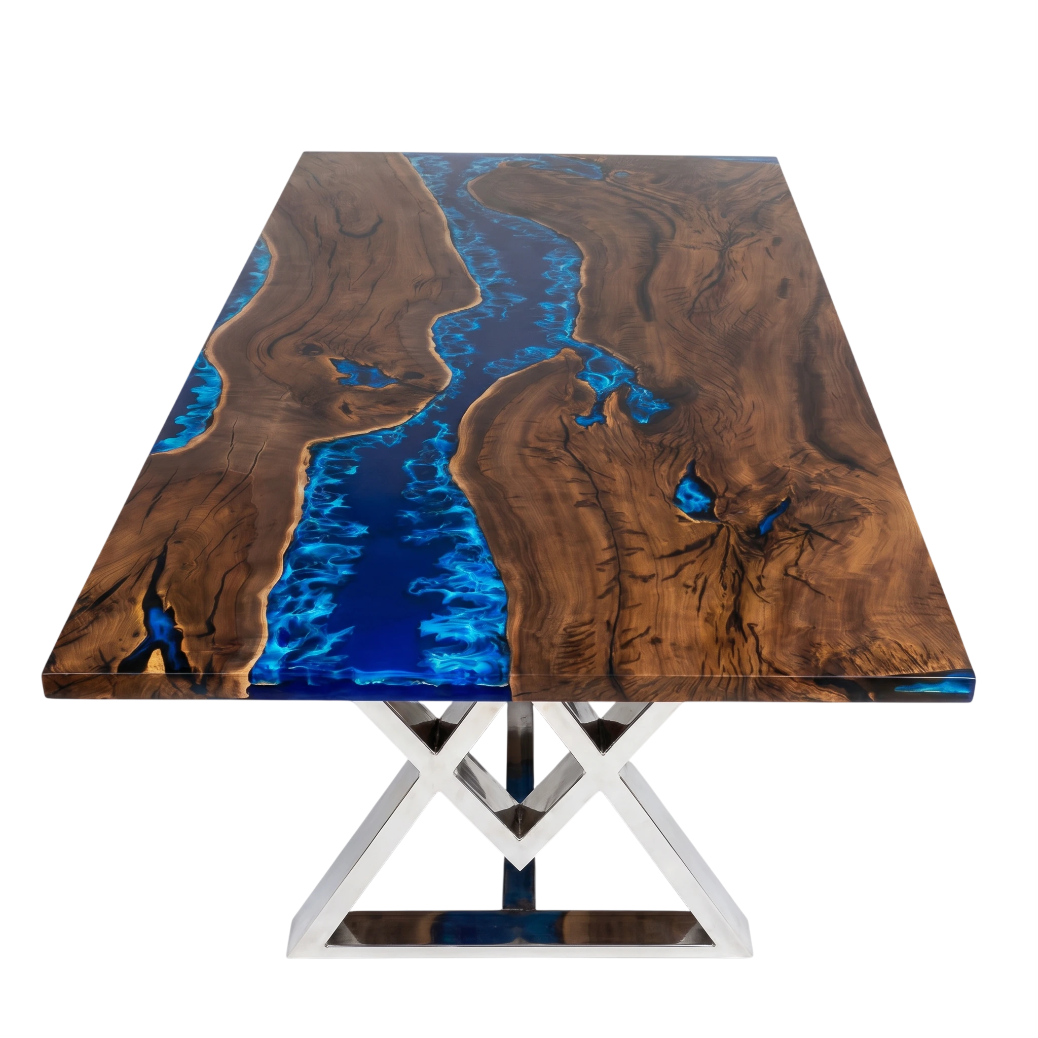 Wooden table with blue resin inlay on a white background