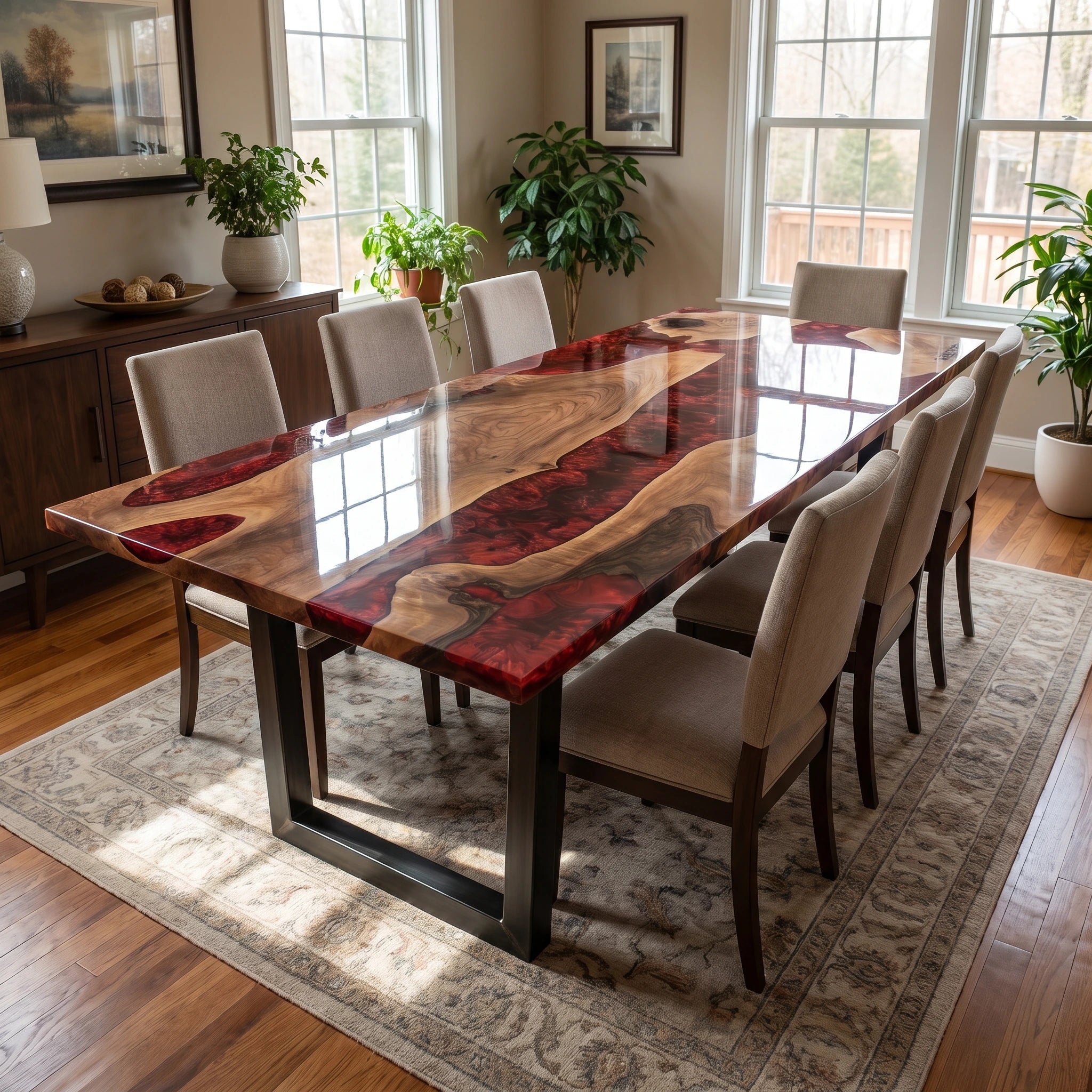 Dining room with a long wooden table and chairs in a well-lit room.