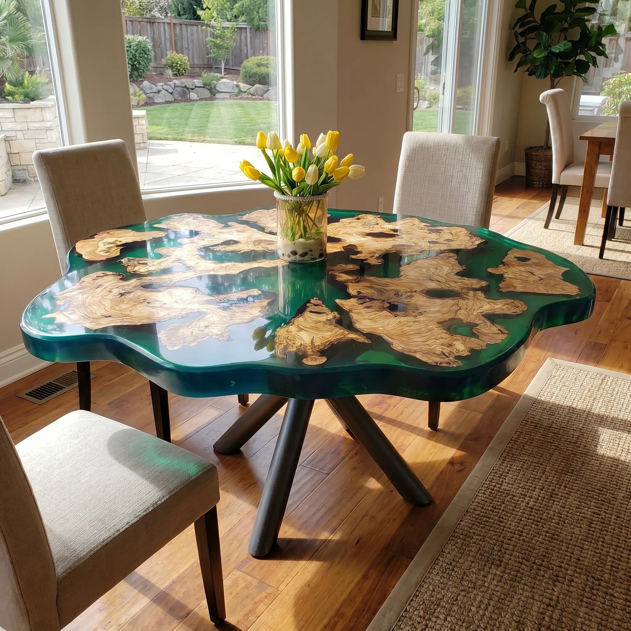 Dining room with a unique green and brown table and chairs.