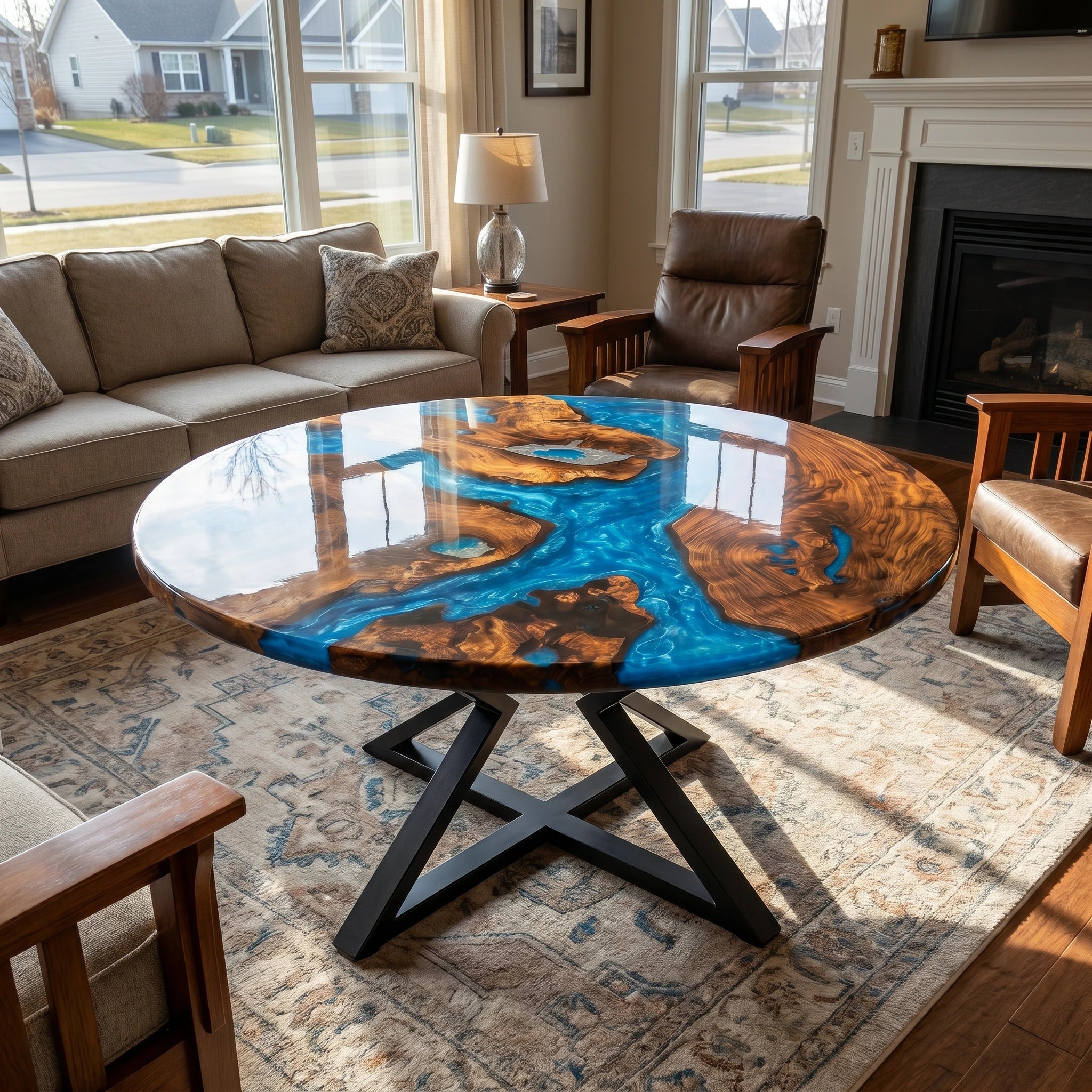 Round wooden table with blue resin inlay in a living room setting