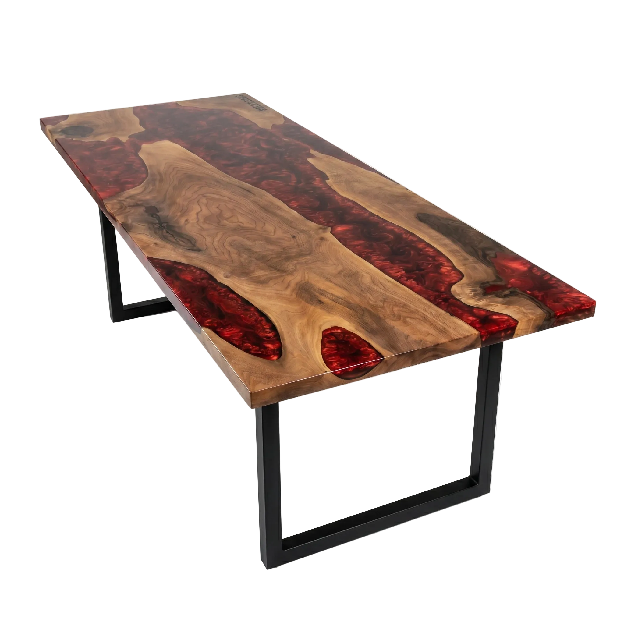 Wooden table with red resin inclusions on a white background