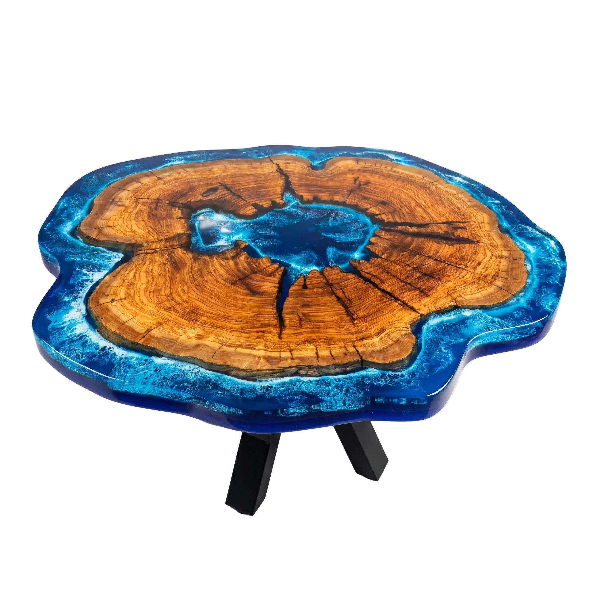 Wooden table with blue resin on a white background