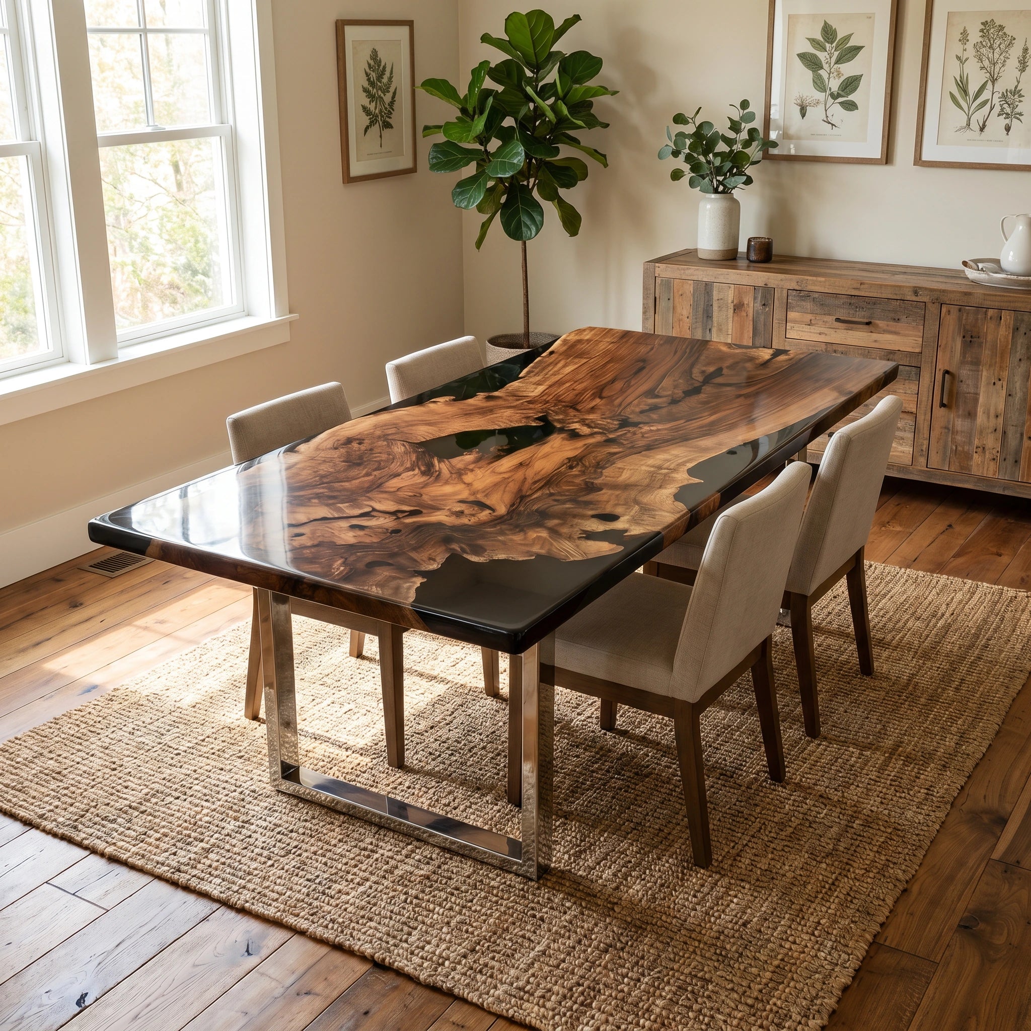 Dining room with a wooden table and chairs on a jute rug.