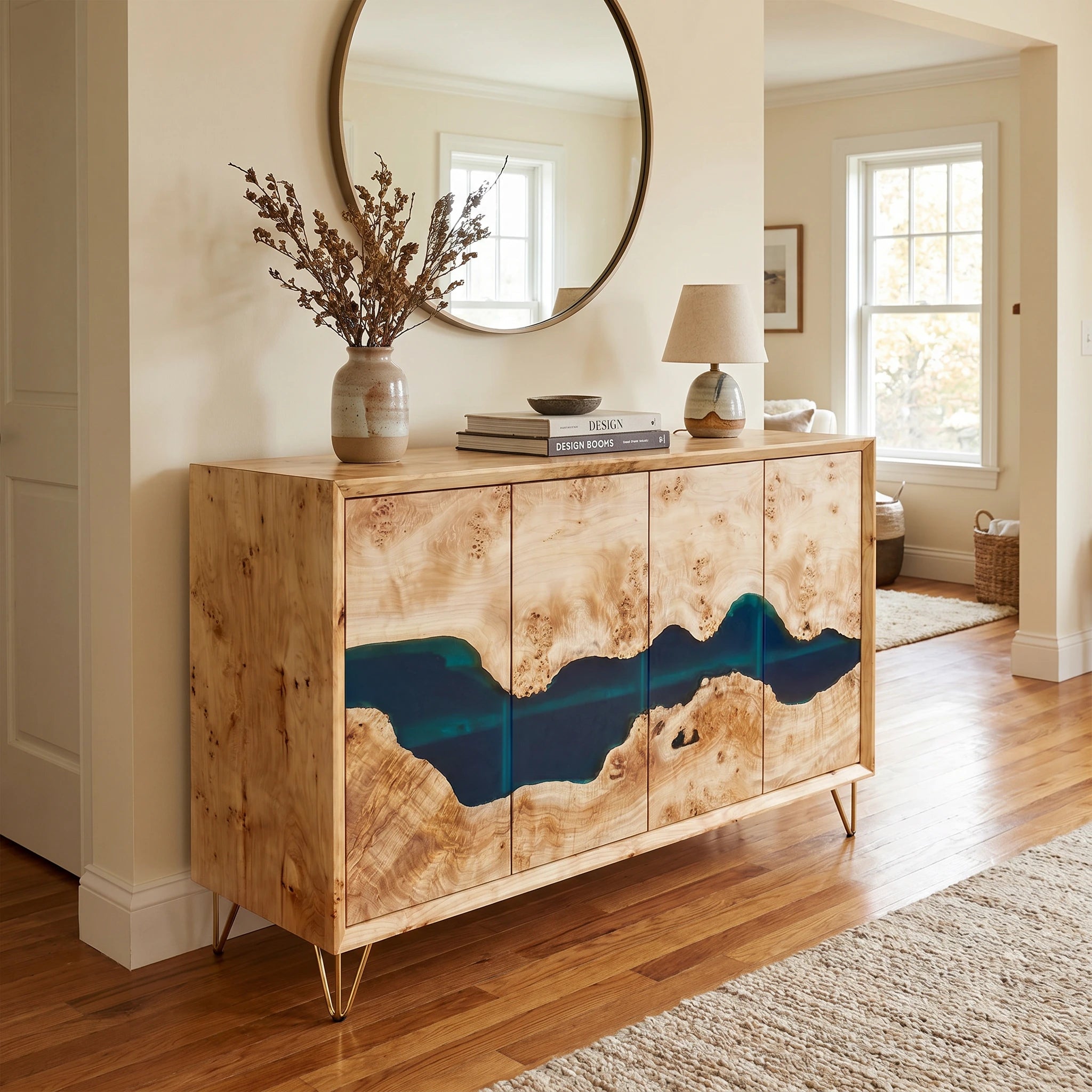 Wooden sideboard with blue resin inlay in a living room setting