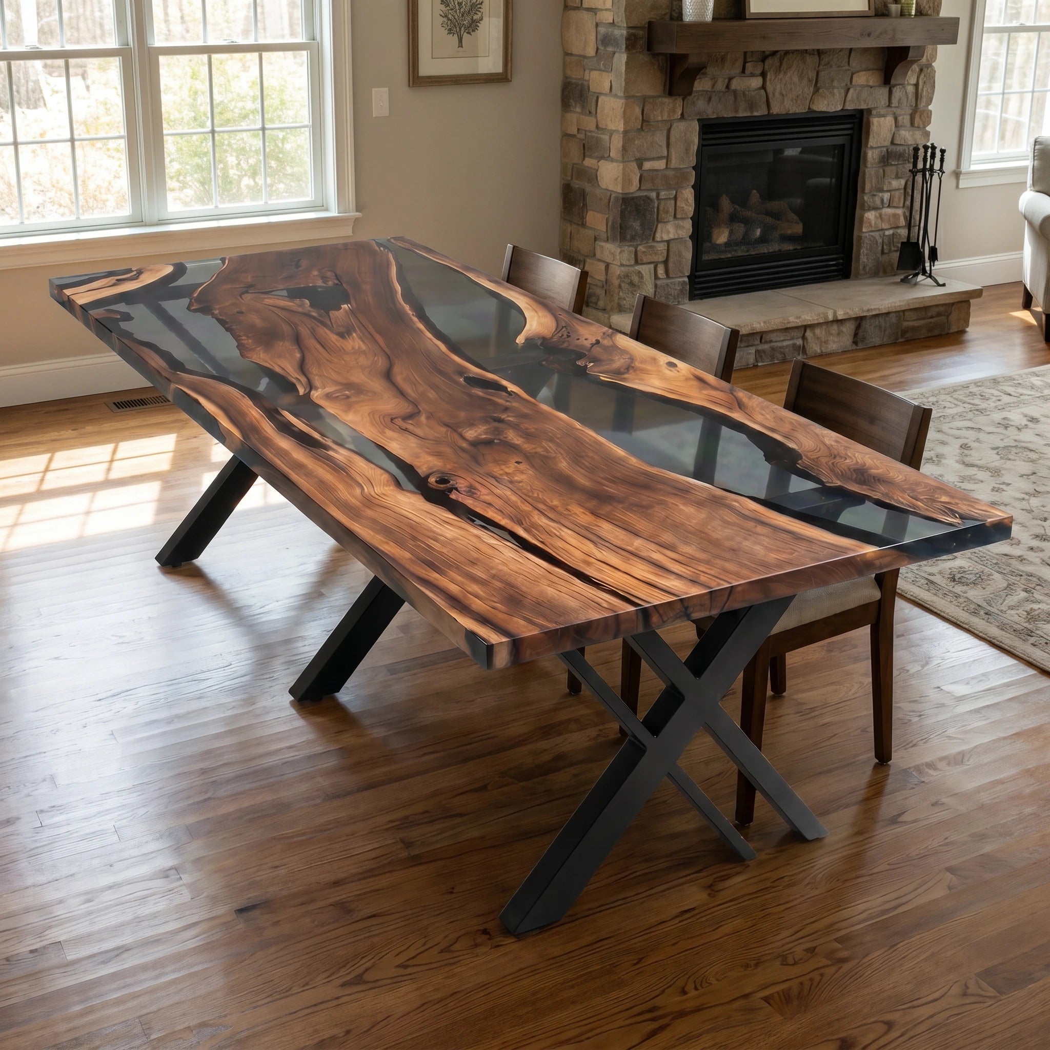 Wooden dining table with black metal legs in a room with a fireplace and windows.