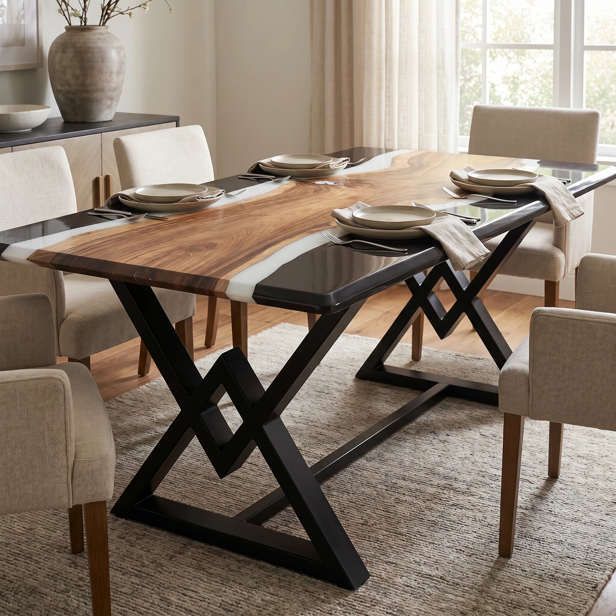 Dining table set with chairs in a well-lit room