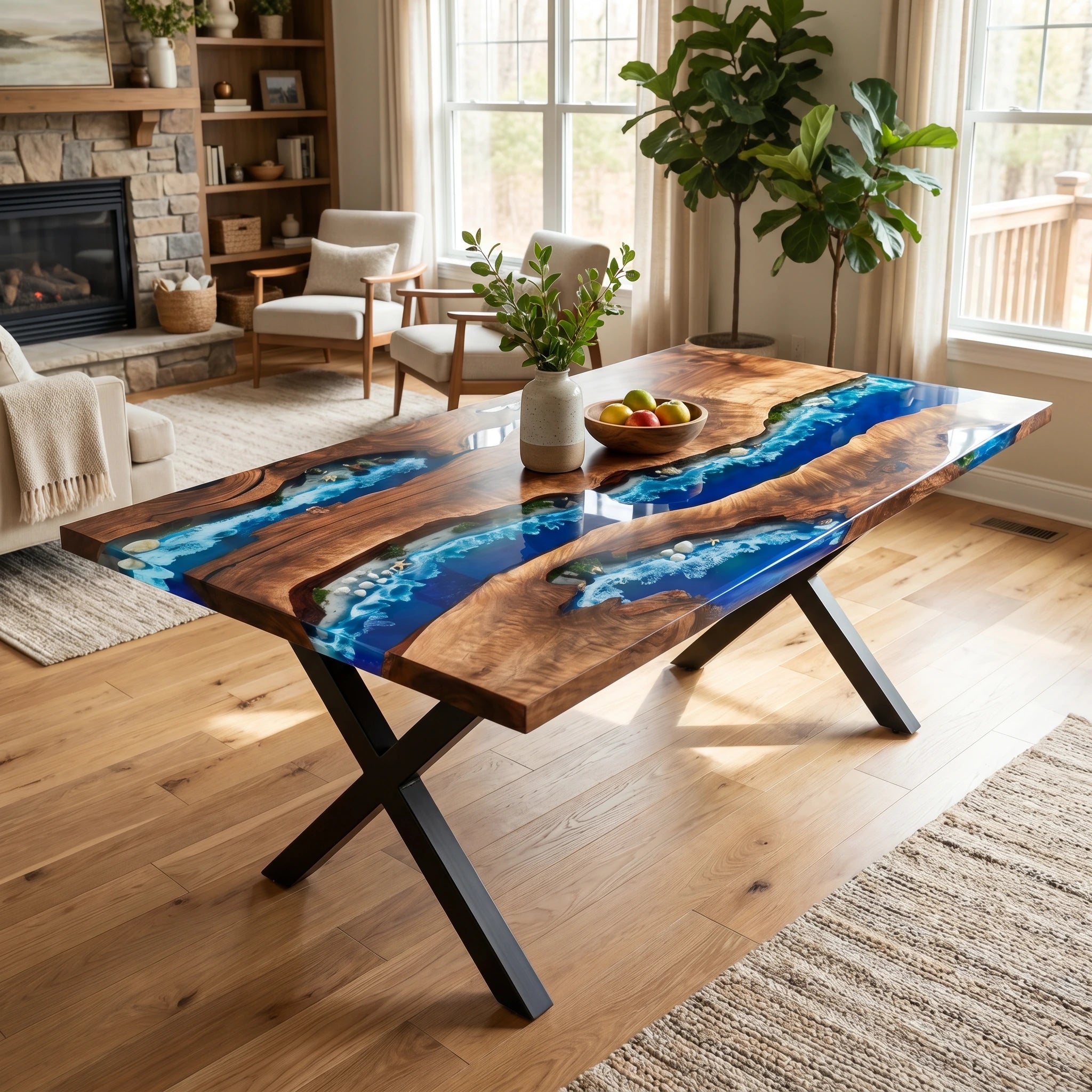Wooden dining table with blue resin inlay in a living room setting