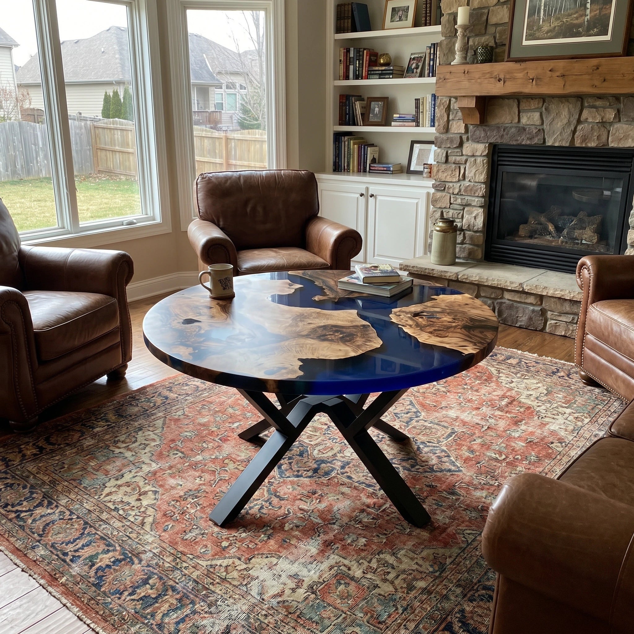 Living room with a round wooden table, leather chairs, and a stone fireplace.