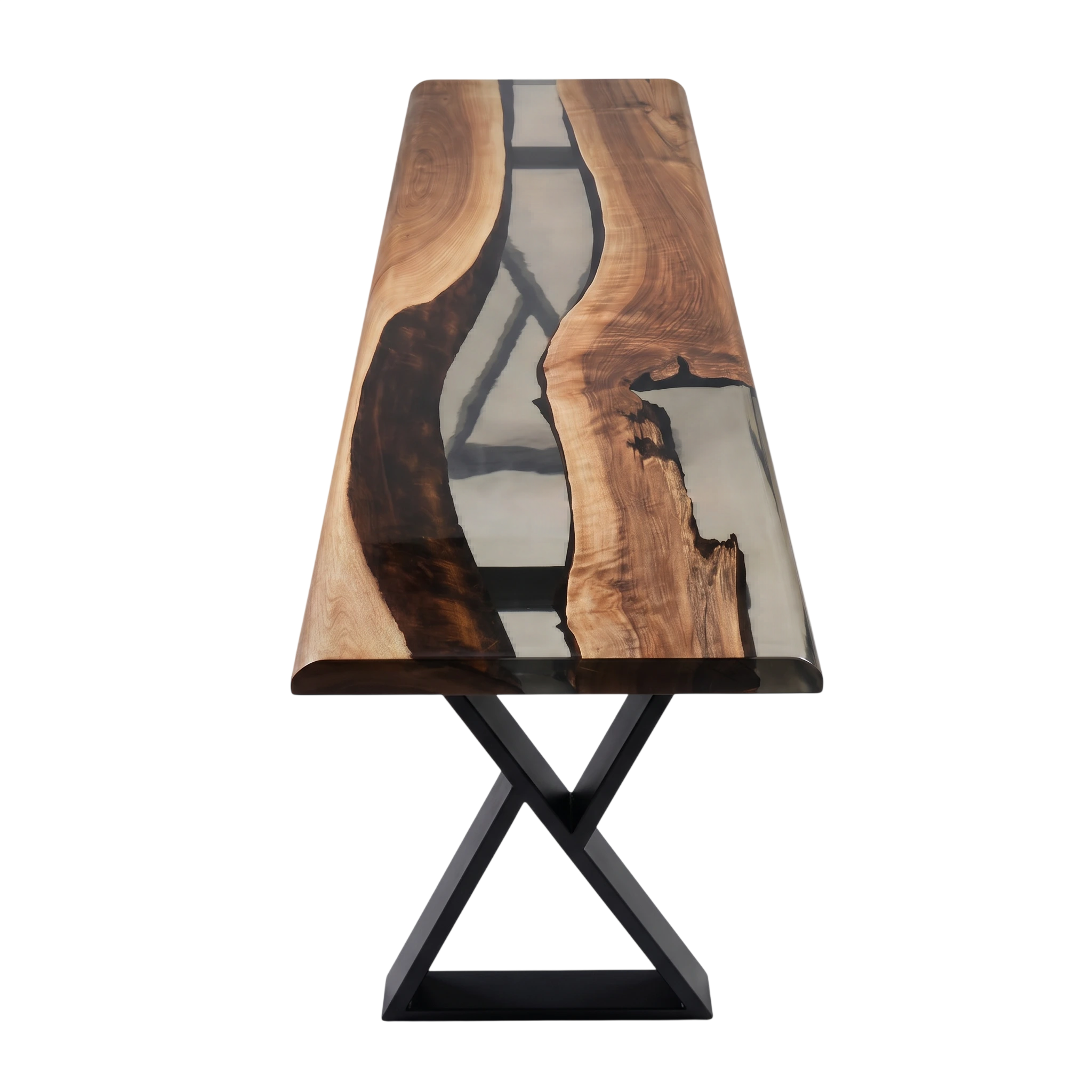 Wooden table with a black metal base on a white background