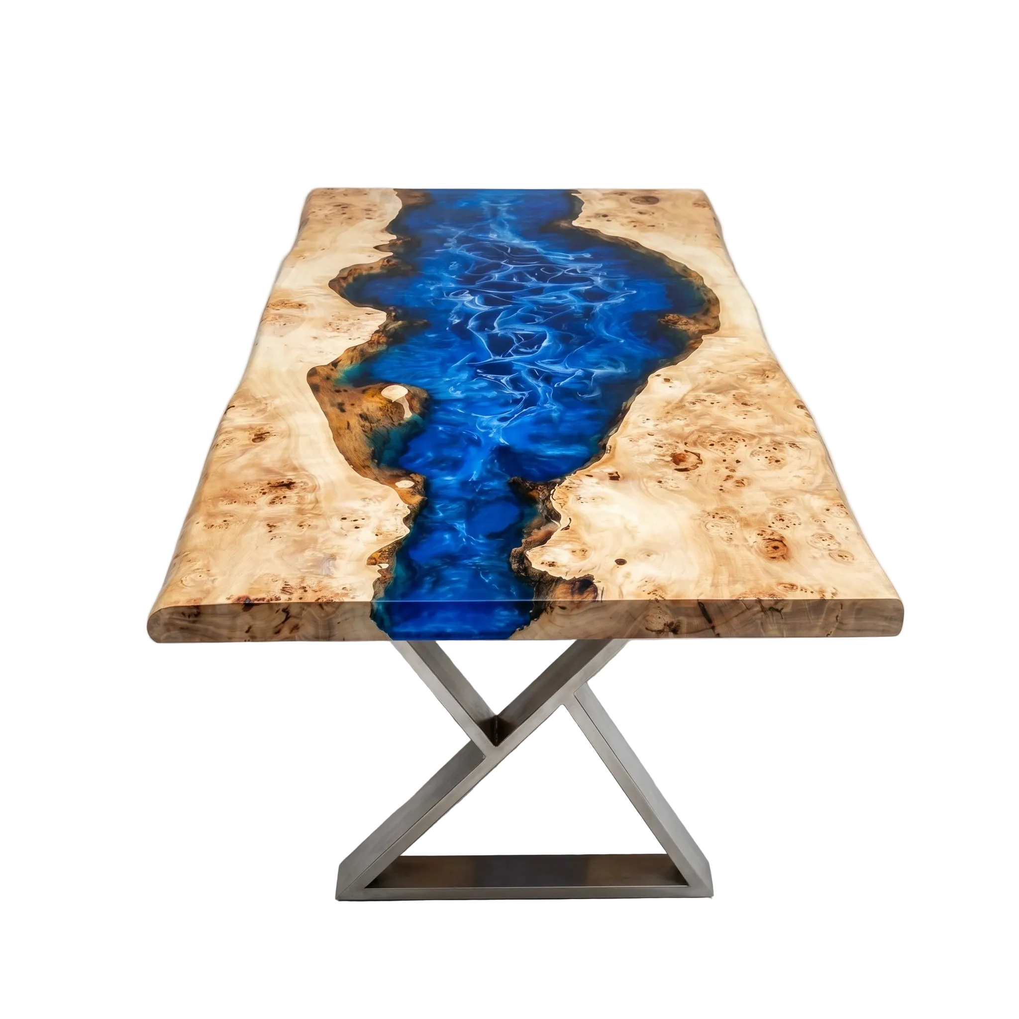 Wooden table with a blue resin design on a white background