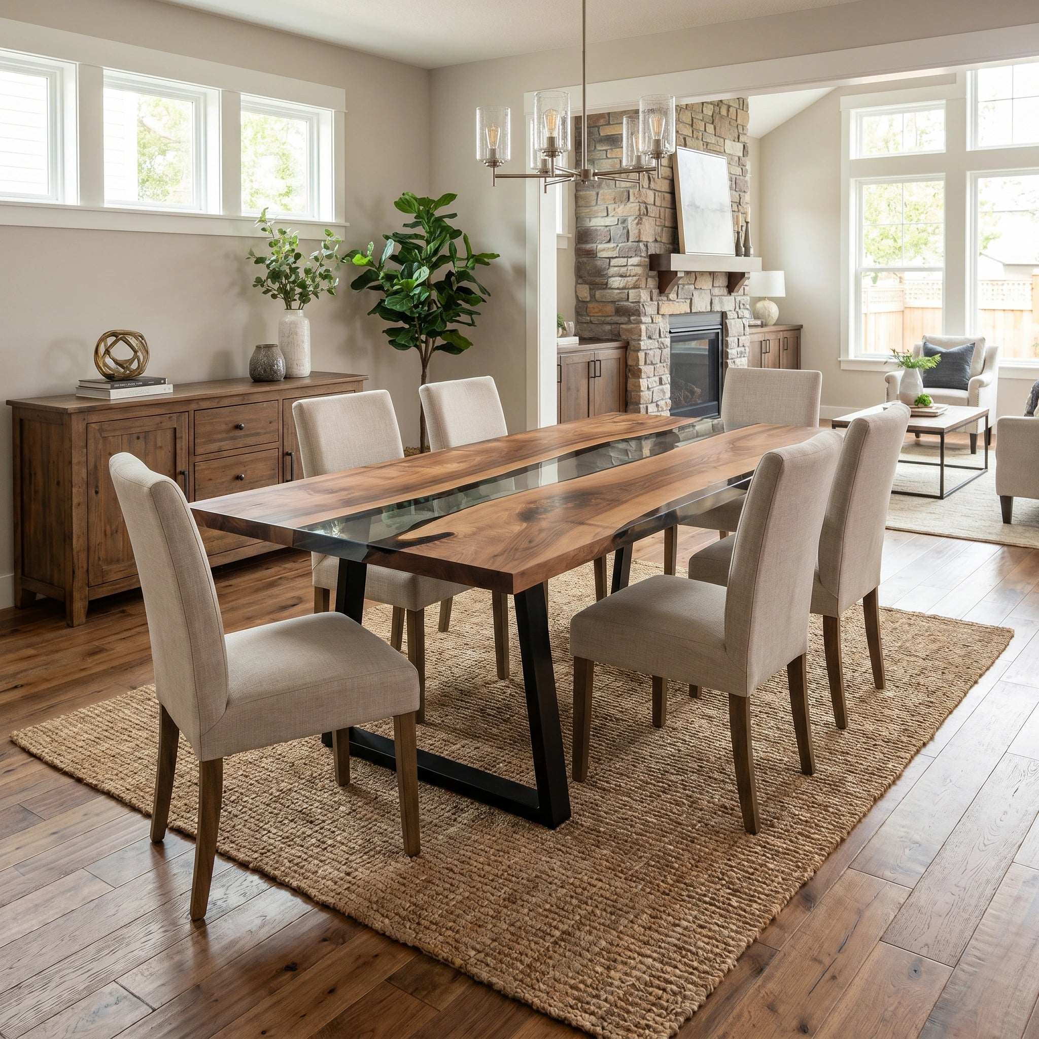 Dining room with a long wooden table and chairs on a jute rug.