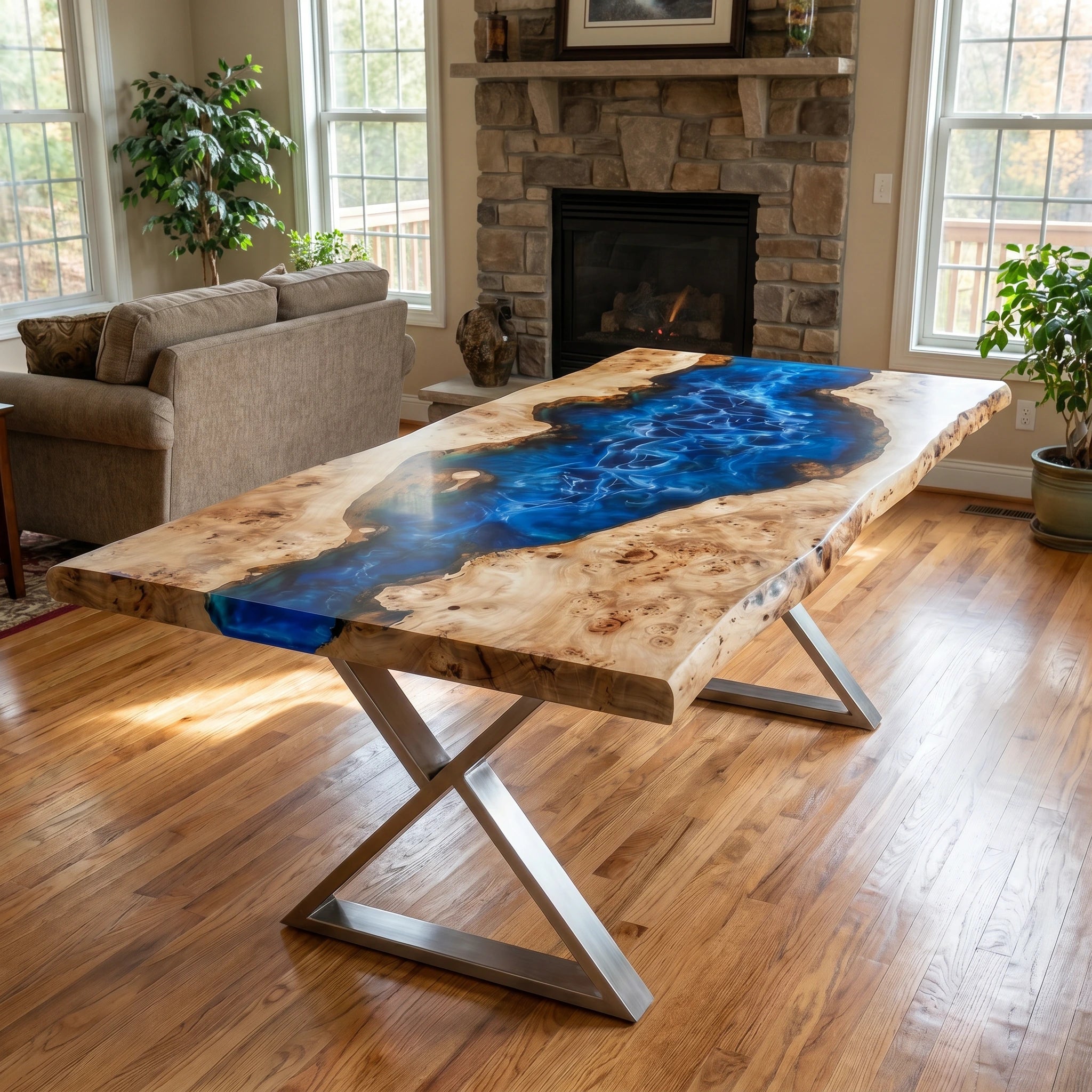 Wooden table with blue resin inlay in a living room setting